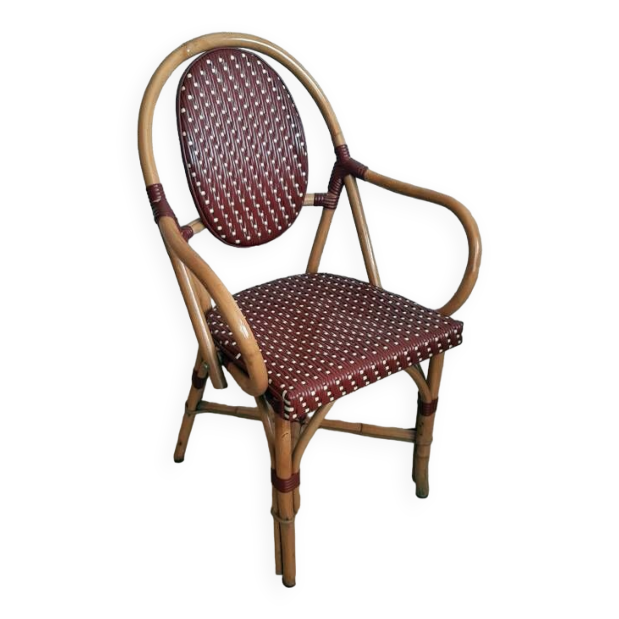 Vintage Parisian bistro armchair in rattan/bamboo and woven nylon.