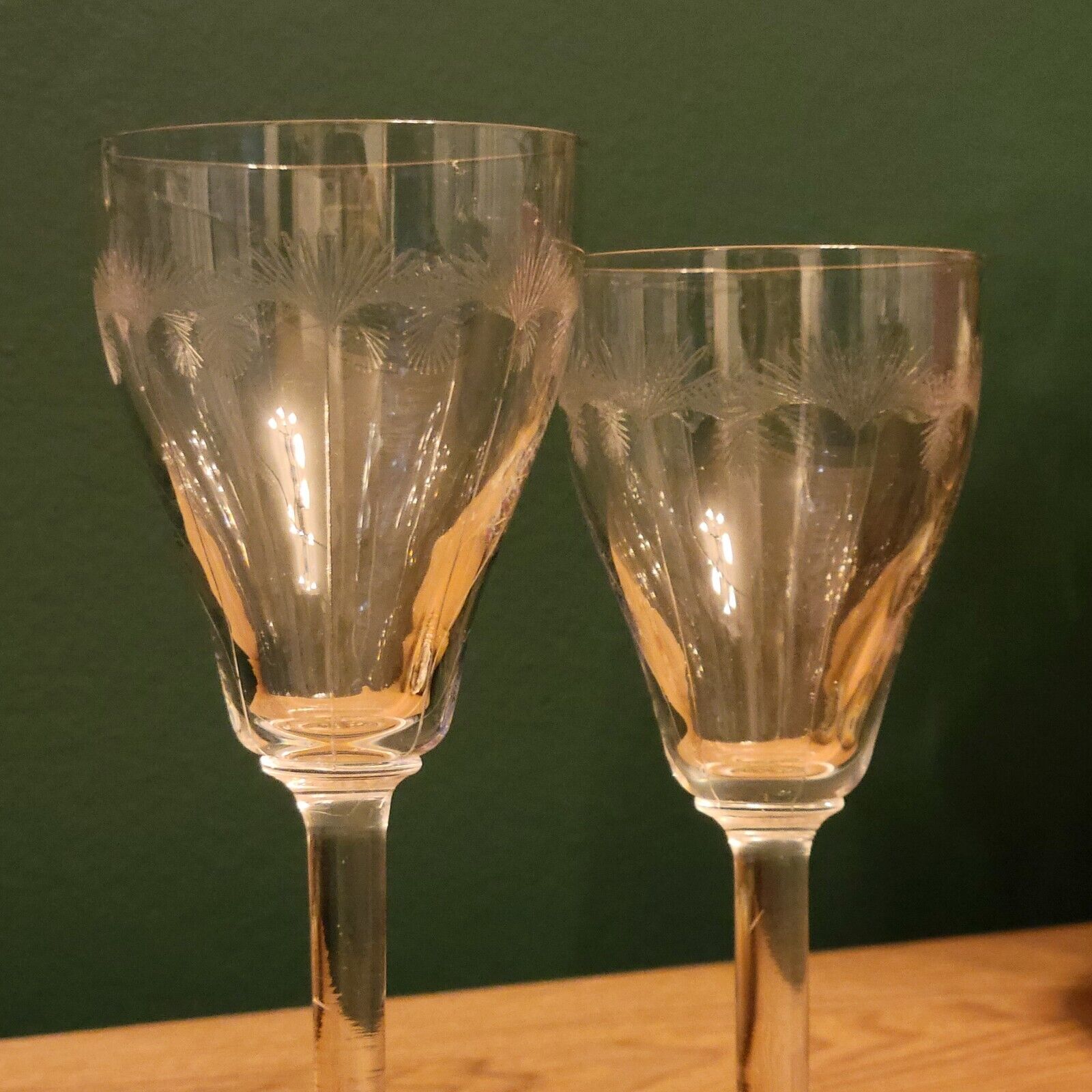 10 old cut glass glasses engraved palm decoration 1930