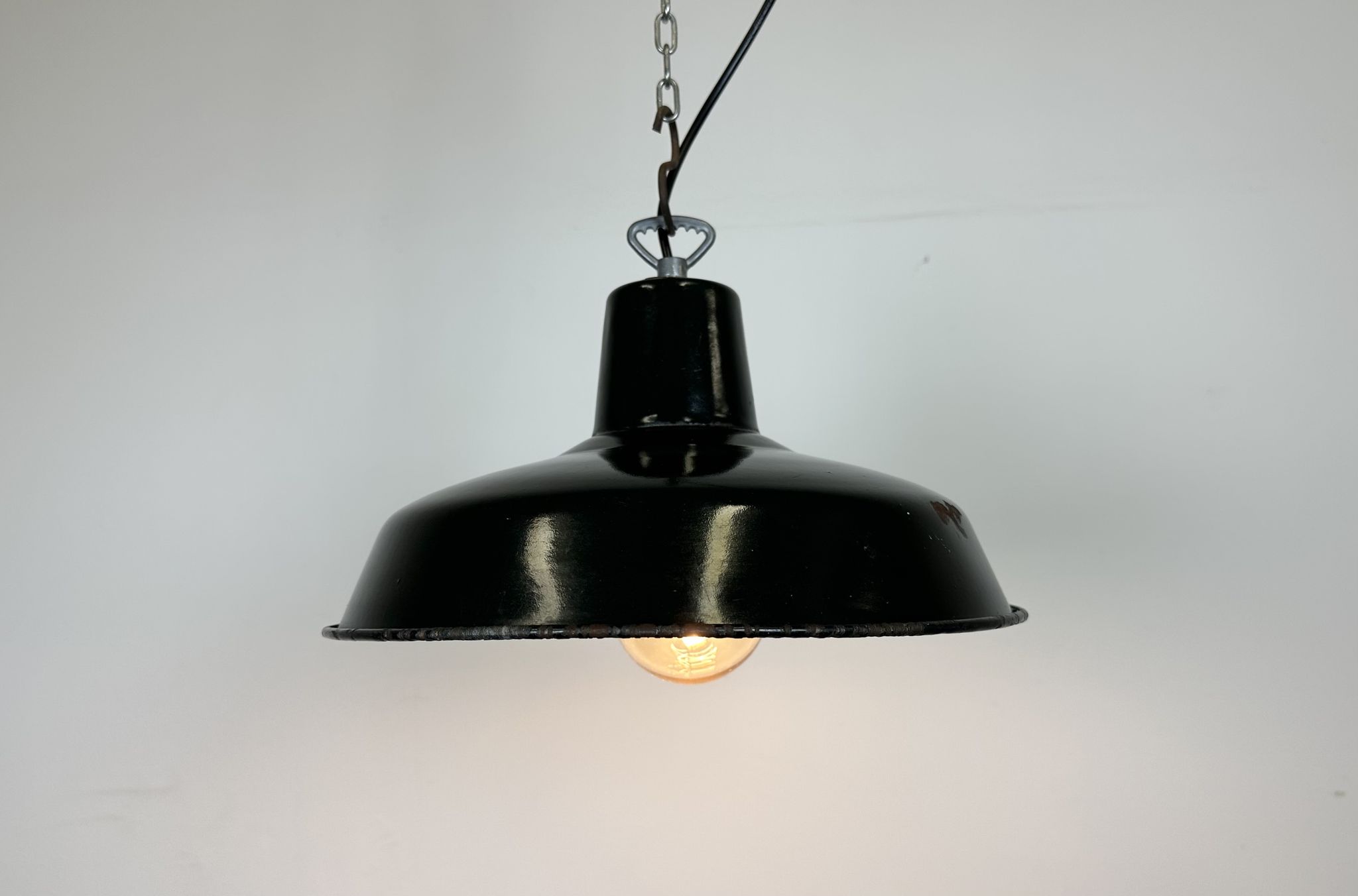 Industrial French Dark Green Enamel Factory Lamp, 1960s