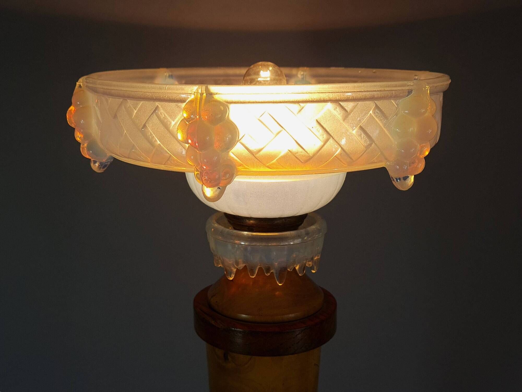 Antique opalescent glass and wood lamp, attributed to Ezan, 61 cm, C786