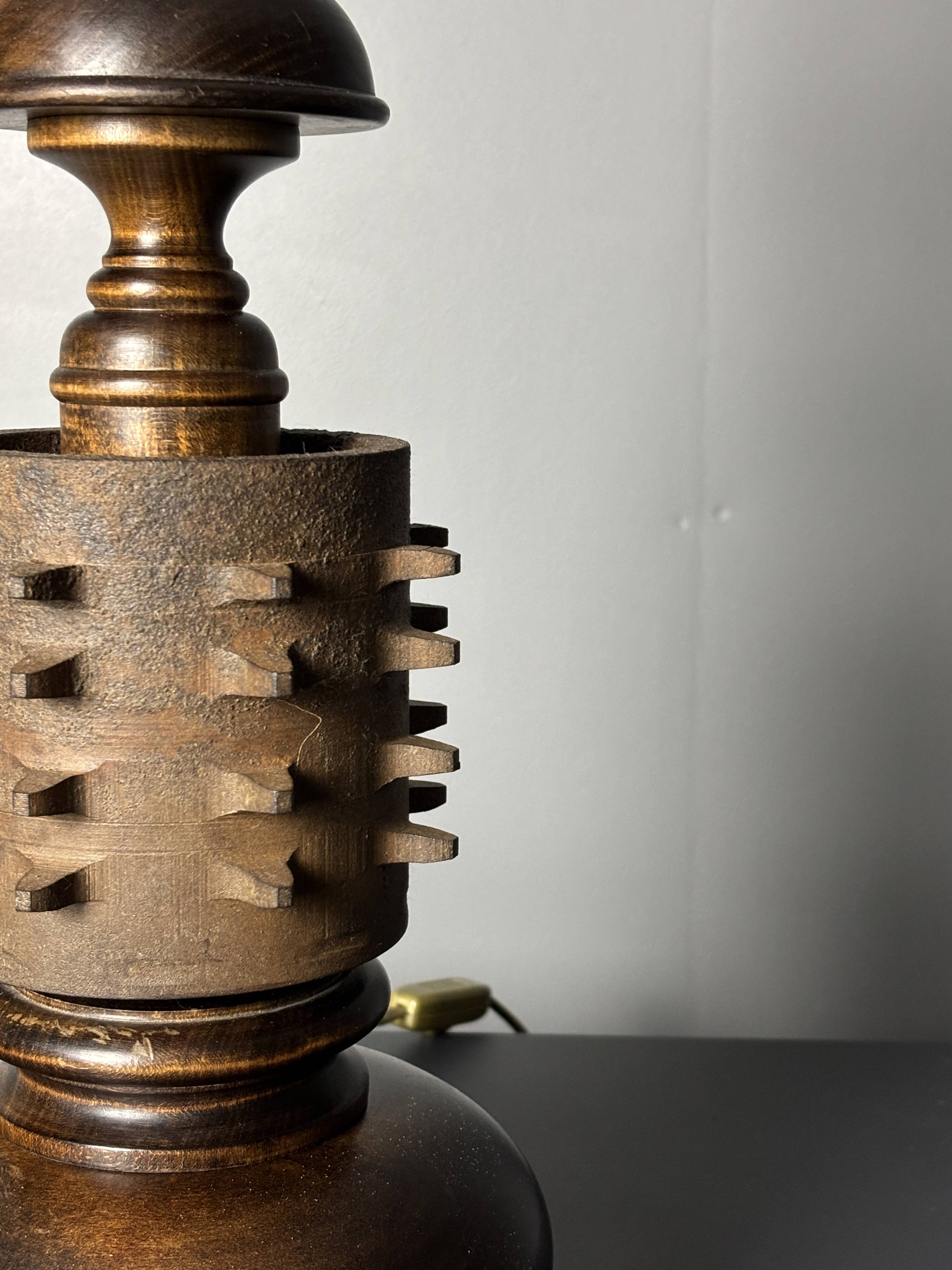 Brutalist wood turned and cast iron large table lamp, 1960s