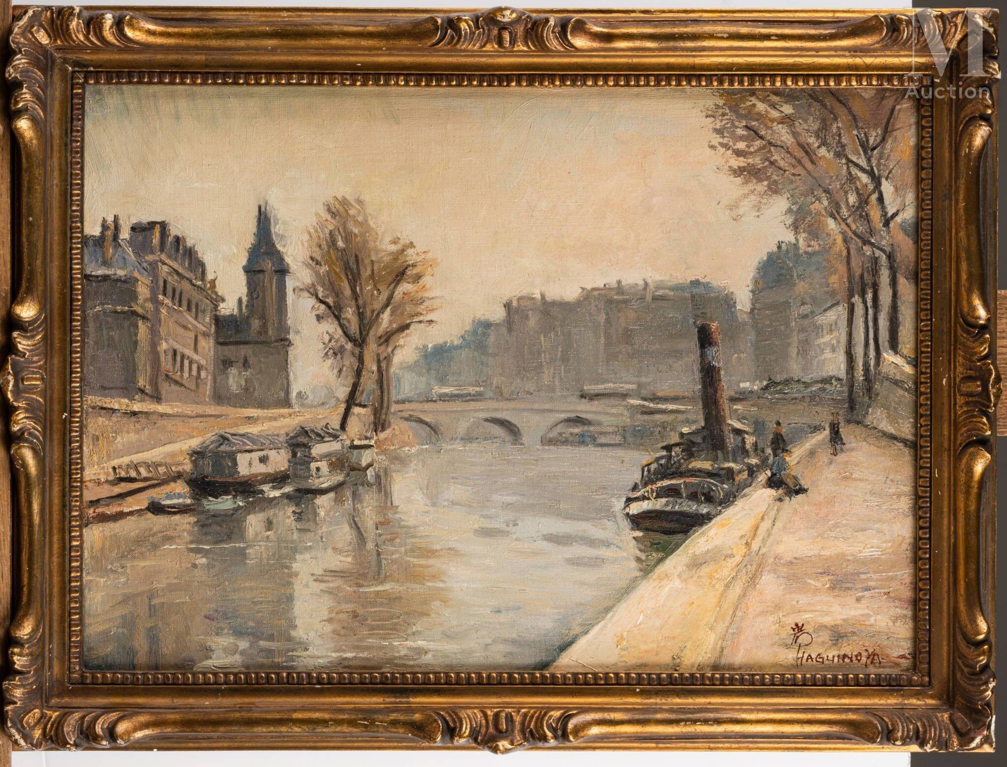 Painting of Paris on the banks of the Seine by Iwoa Haguinoya around 1920