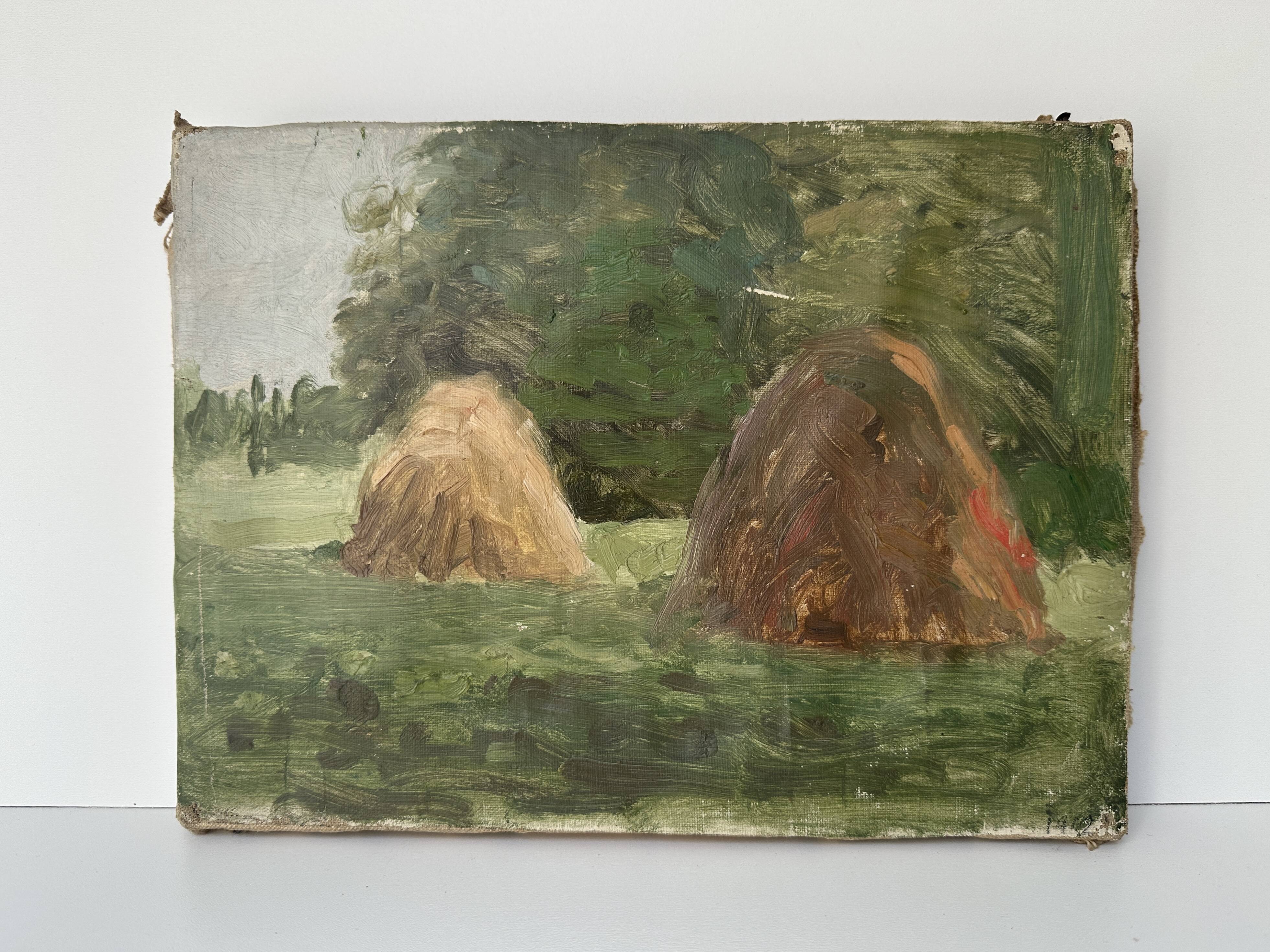 Old oil painting on canvas "The Haystacks" dated 1902.
