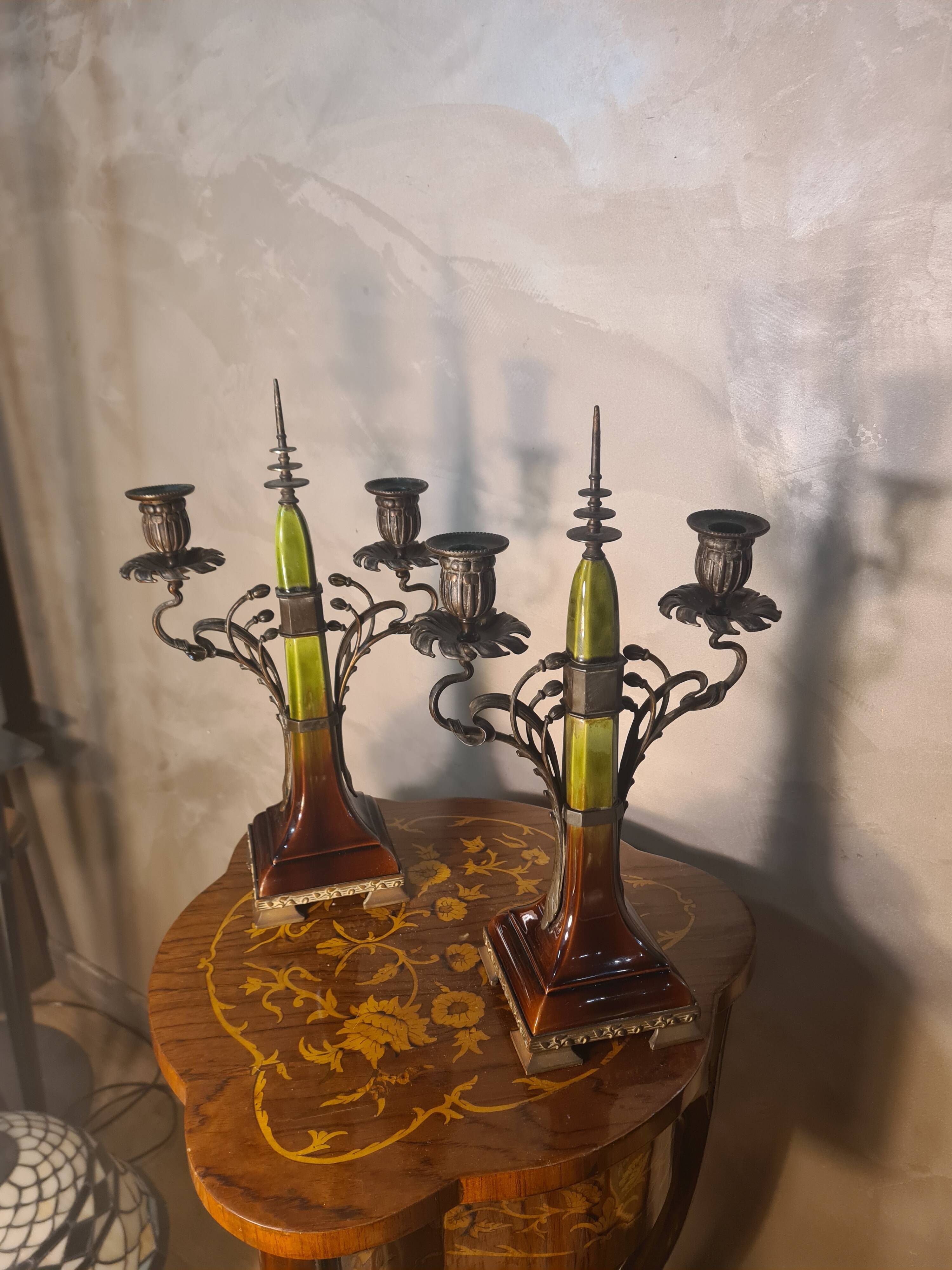 pair of antique Austrian bronze candlesticks, Art Nouveau style,