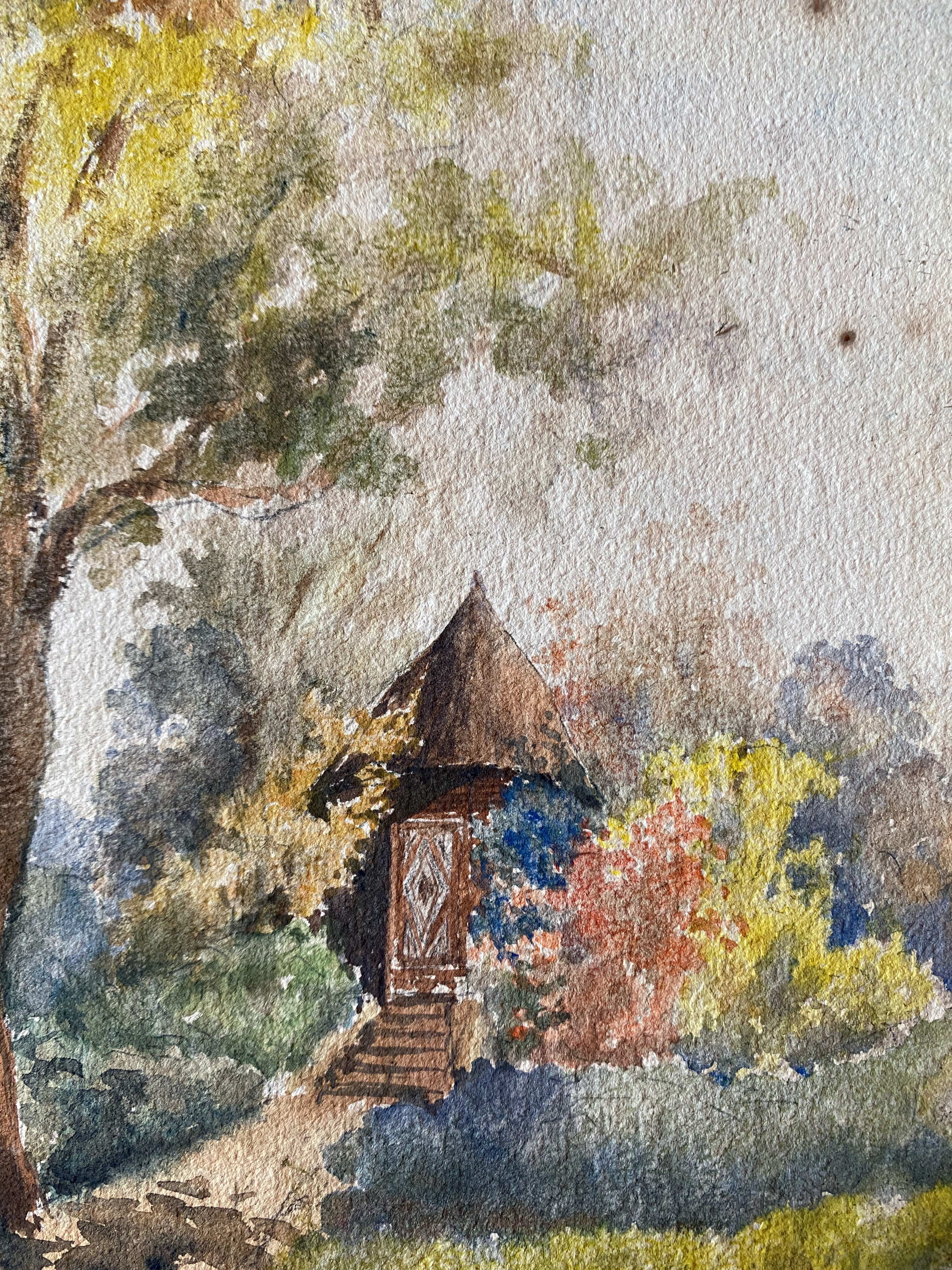 Watercolor painting "The cabin in the garden" late nineteenth century