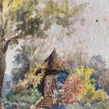 Watercolor painting "The cabin in the garden" late nineteenth century