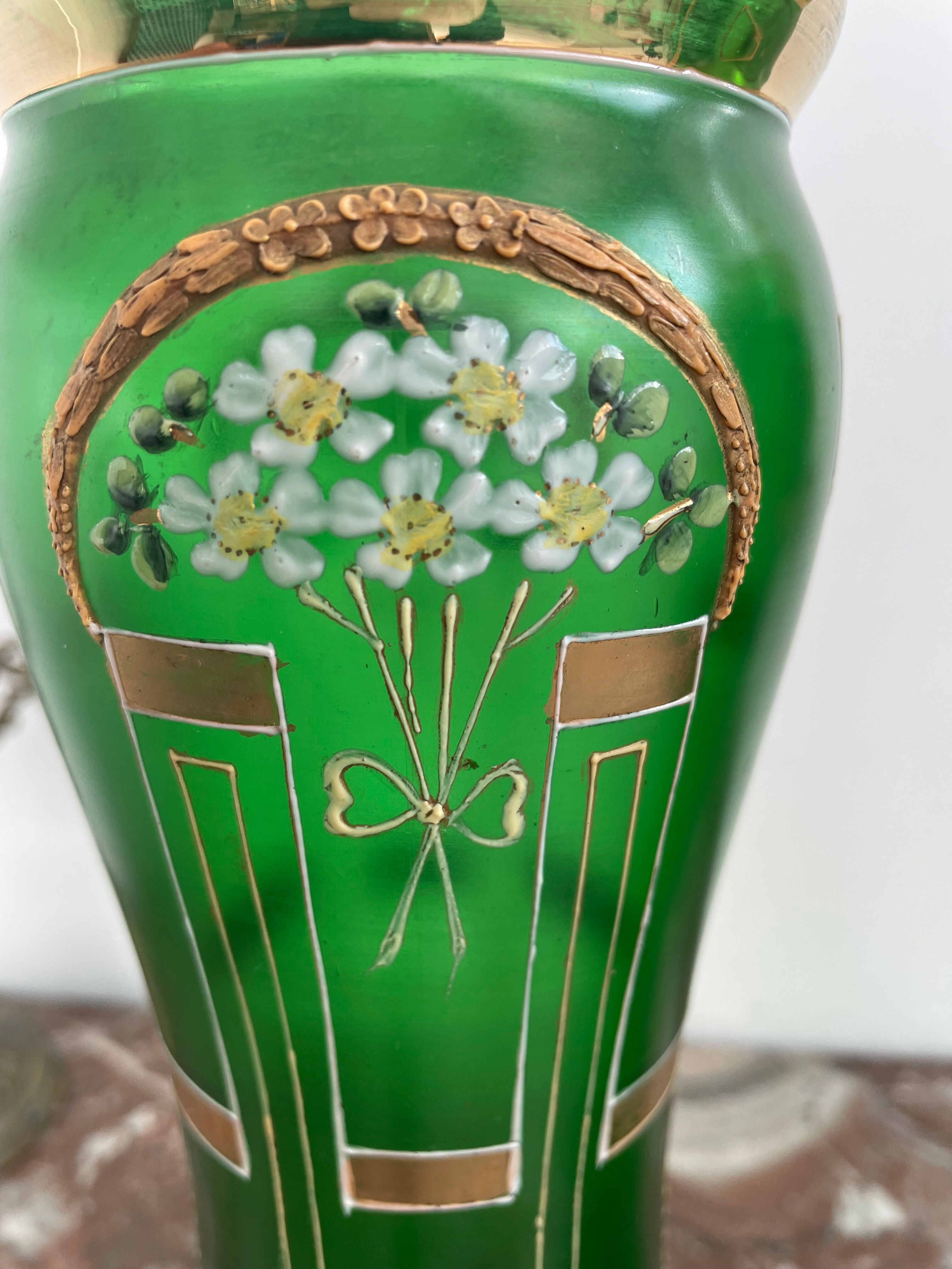 Antique, pair, green vases, flower decoration, golden, ART DECO, daisies, knot, hand painted