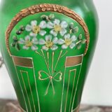 Paire de vases verts, décor fleurs, doré, art deco, marguerites, nœud, peint à la main, antique