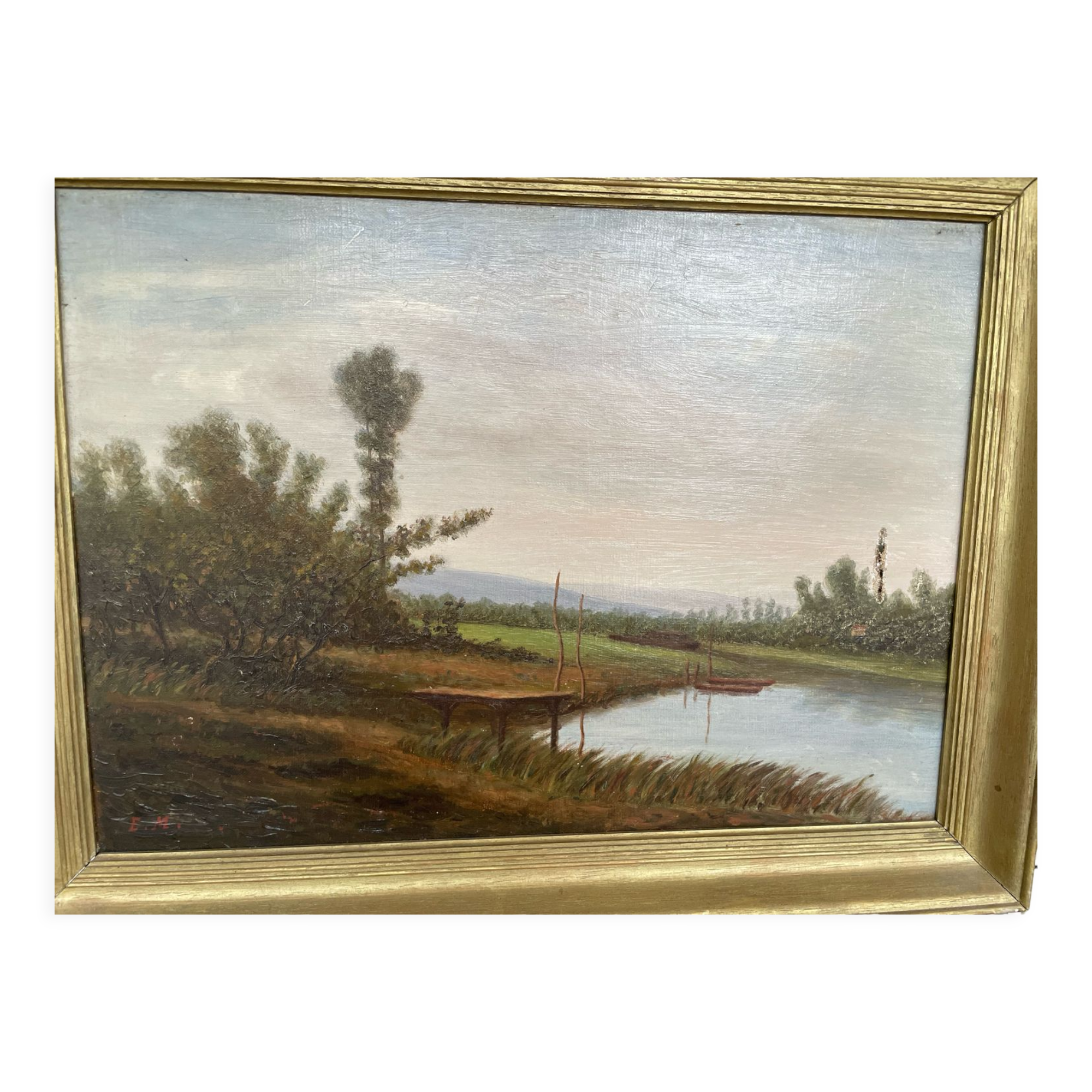 Oil painting of a riverside signed EM