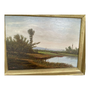 Tableau huile bord de rivière