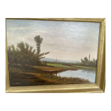 Tableau huile bord de rivière signé EM