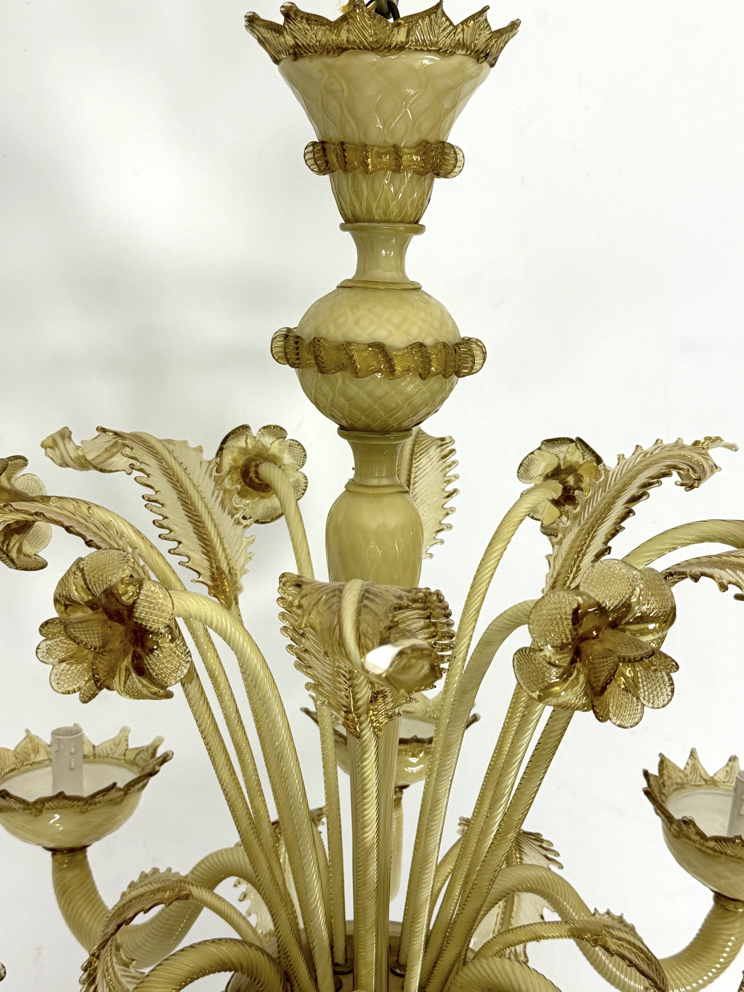 Vintage 6 arms handcrafted floral Murano glass chandelier with gold. Italy 1950s