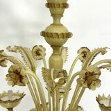 Vintage 6 arms handcrafted floral Murano glass chandelier with gold. Italy 1950s