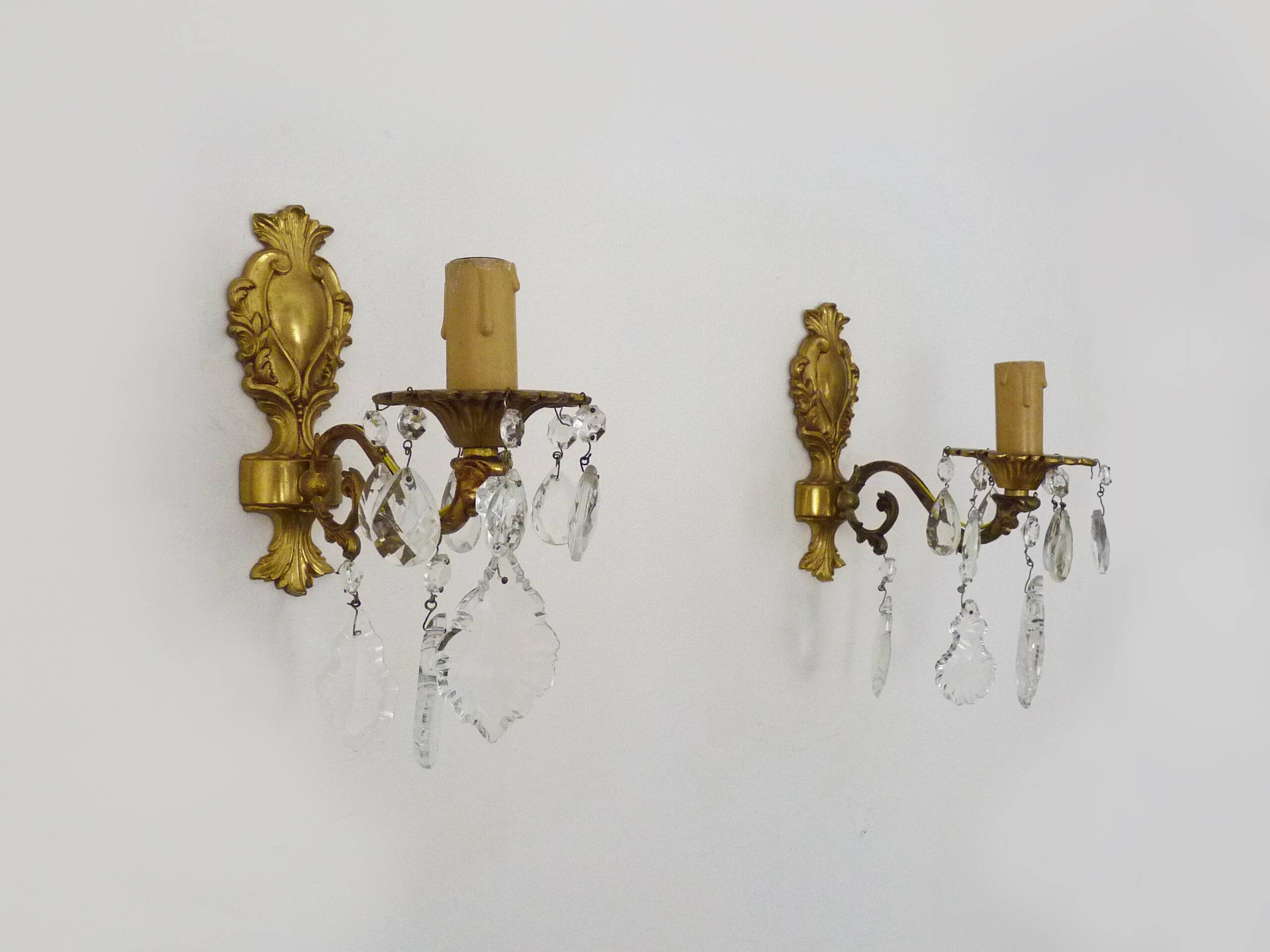 Pair of wall sconces in bronze and glass pendants from the 1970s.