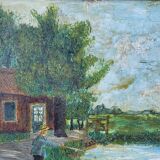 Peinture ancienne signée et datée, paysage animé, peinture à l’huile sur panneau de bois