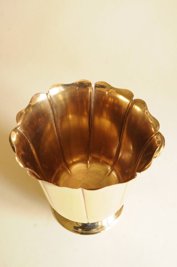 Seau à Champagne Laiton — Corps Cannelé Bord Festonné, Style Mid-Century