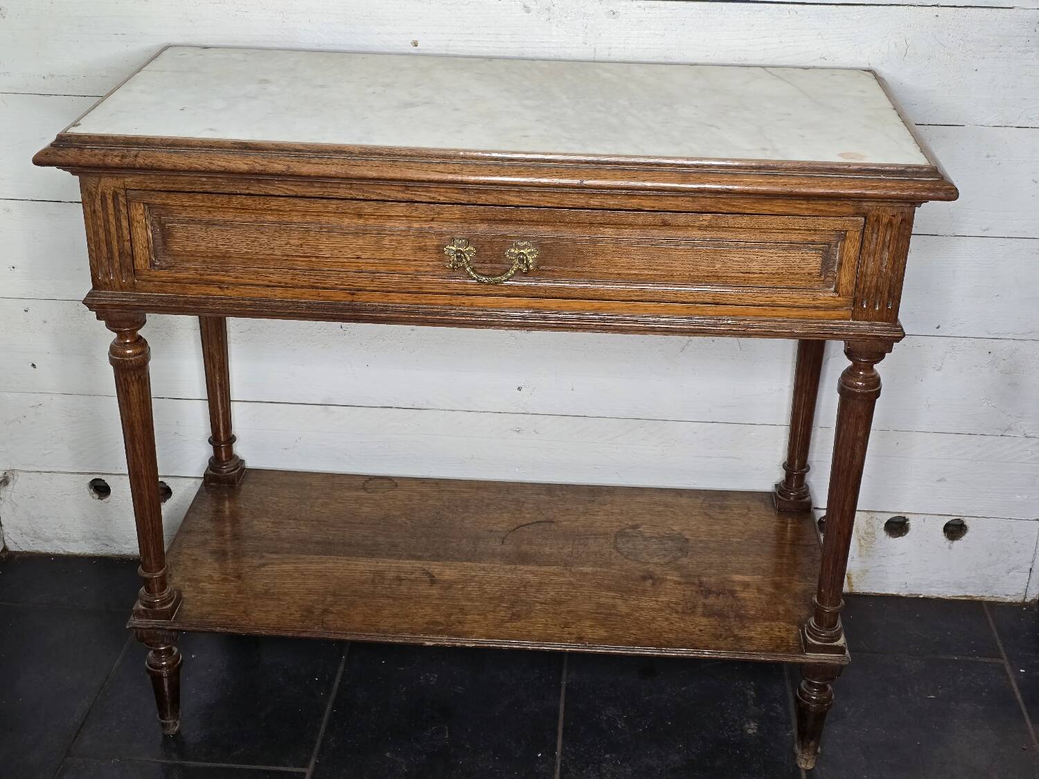 Oak bathroom cabinet with 1 drawer and marble top
