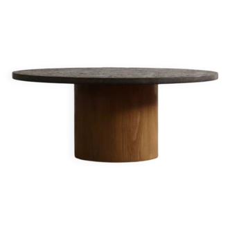 Peter Draenert studios coffee table in fossil stone and oak, Germany 1970s