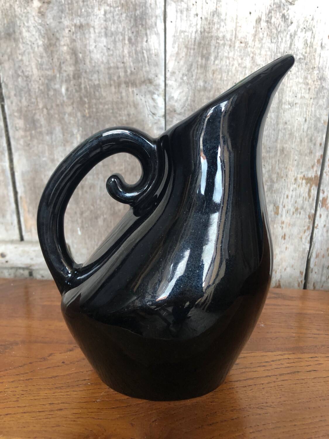 Old Black Enameled Porcelain Pitcher Blue Reflections Yellow Interior 50's #A759