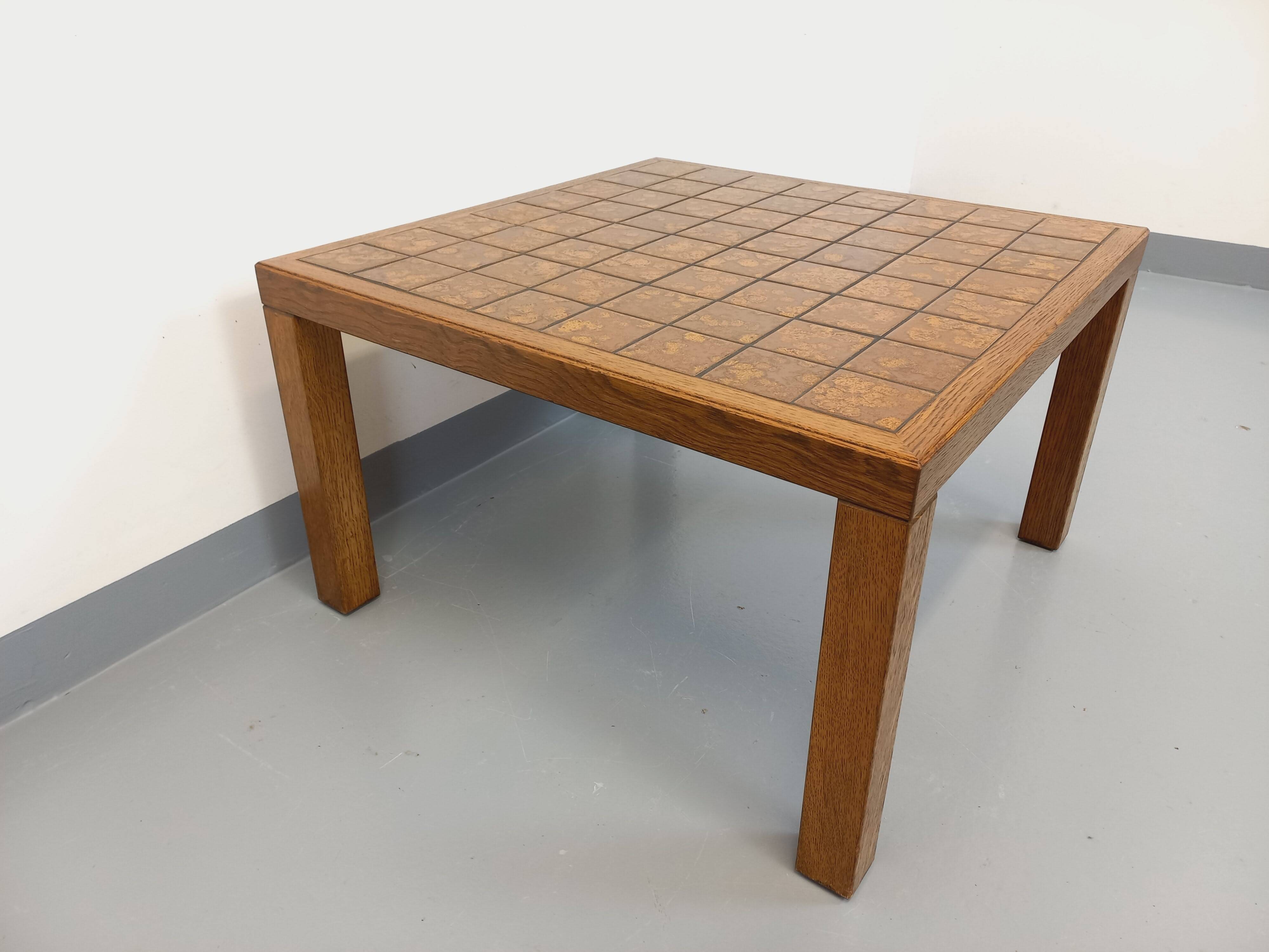 Vintage square coffee table in oak wood and ceramic from the 60s and 70s