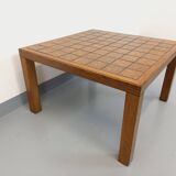 Vintage square coffee table in oak wood and ceramic from the 60s and 70s