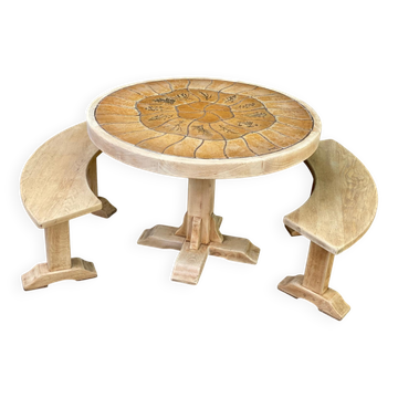 Table à manger Barrois vintage rénovée avec 2 bancs en chêne massif