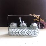 4-piece salt shaker, pepper and mustard set with spoon in stainless steel basket