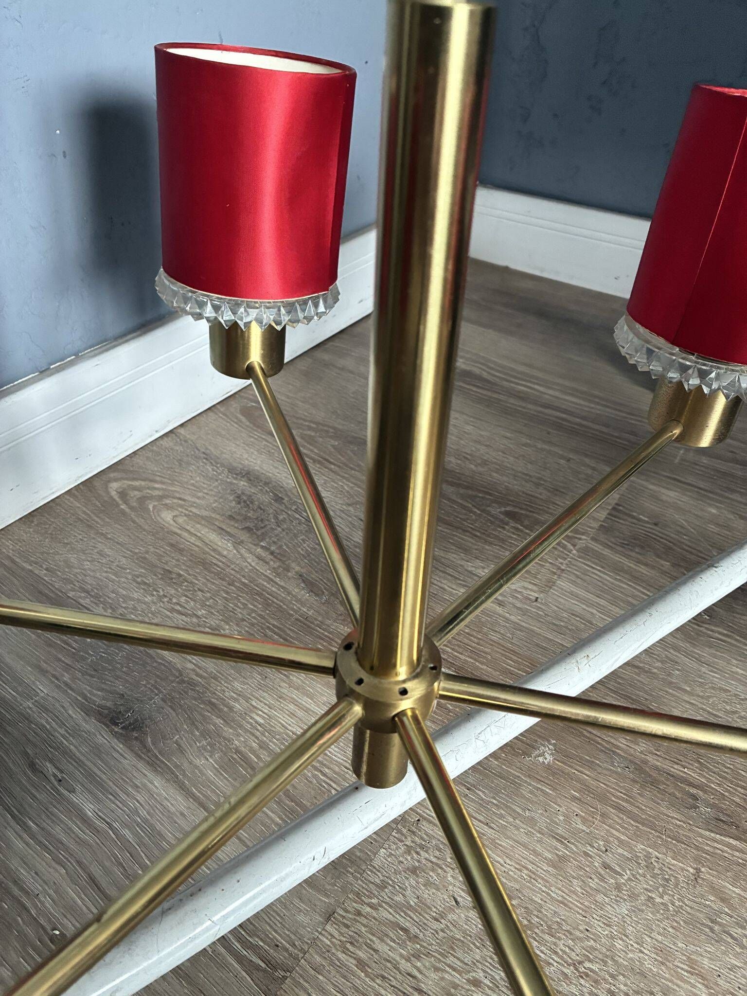Kaiser Leuchten six-arm brass chandelier, red shades, crystal glass