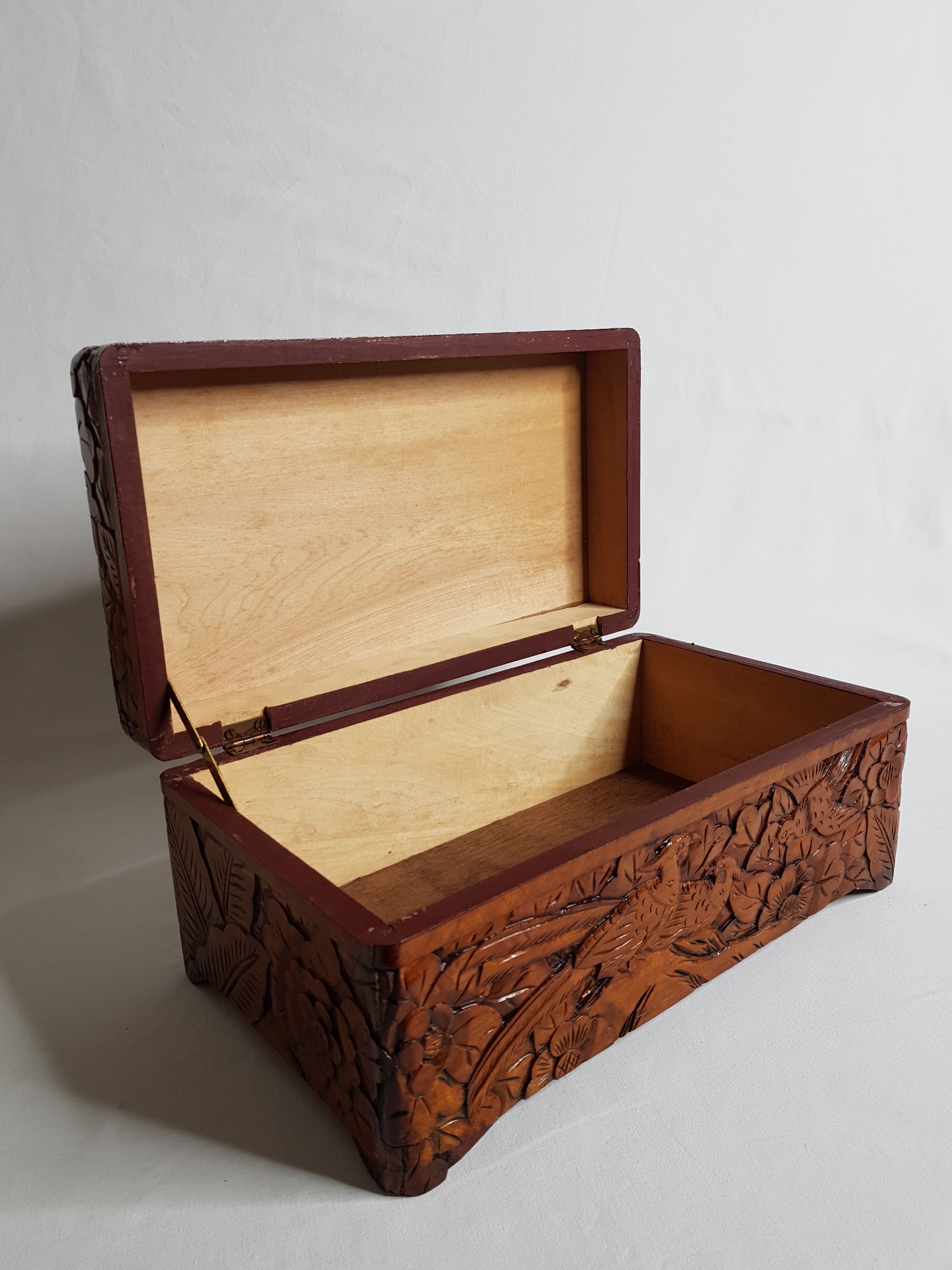 Old wooden box carved in Dodin around 1950 decorated with Phoenix