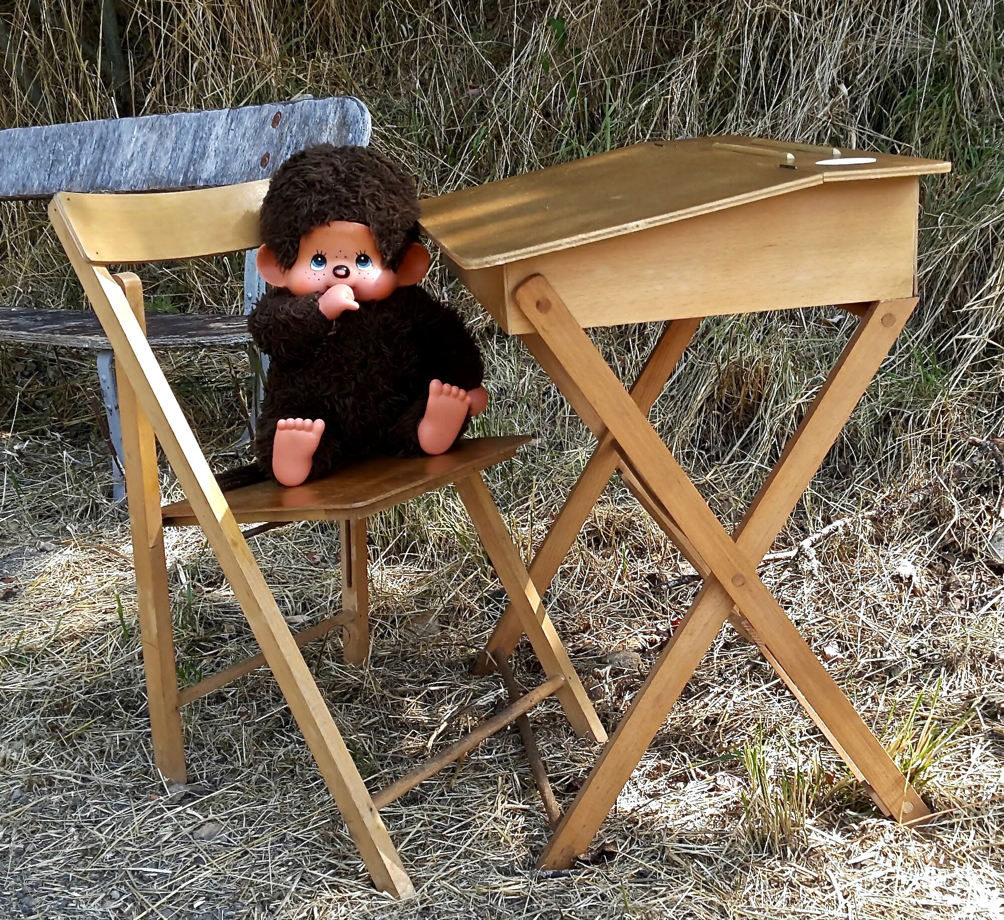 Bureau enfant en bois avec sa chaise pliante
