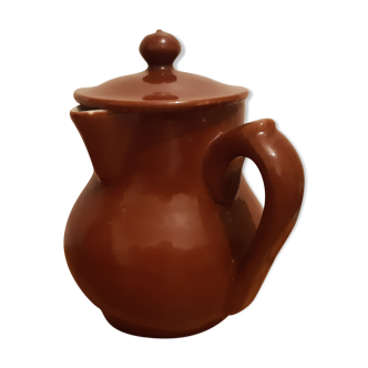 Small brown ceramic milk pot with lid