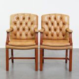 Set of 2 Cowhide Leather Chesterfield Chairs in Light Cognac Color