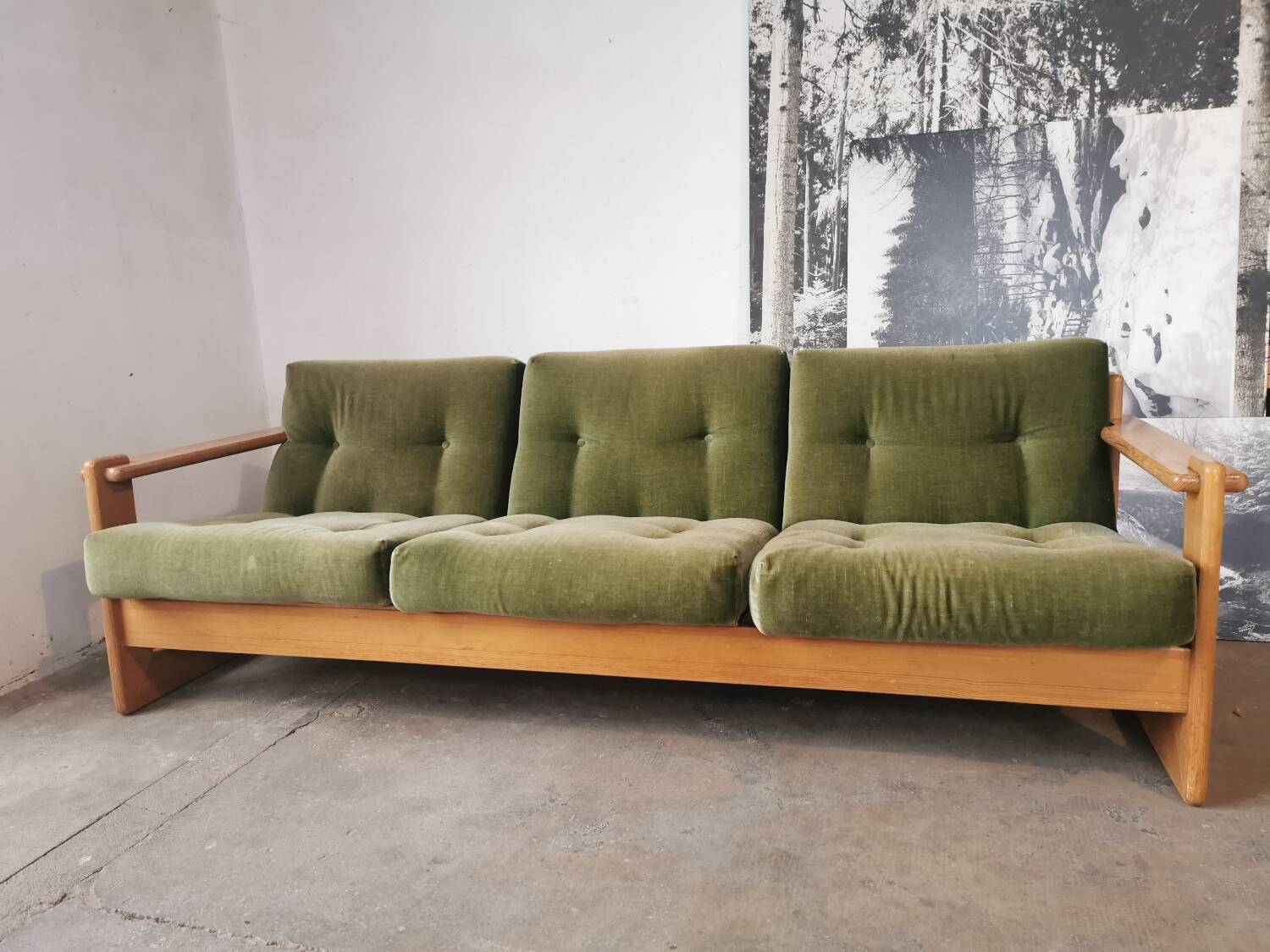 Scandinavian velvet and wood sofa