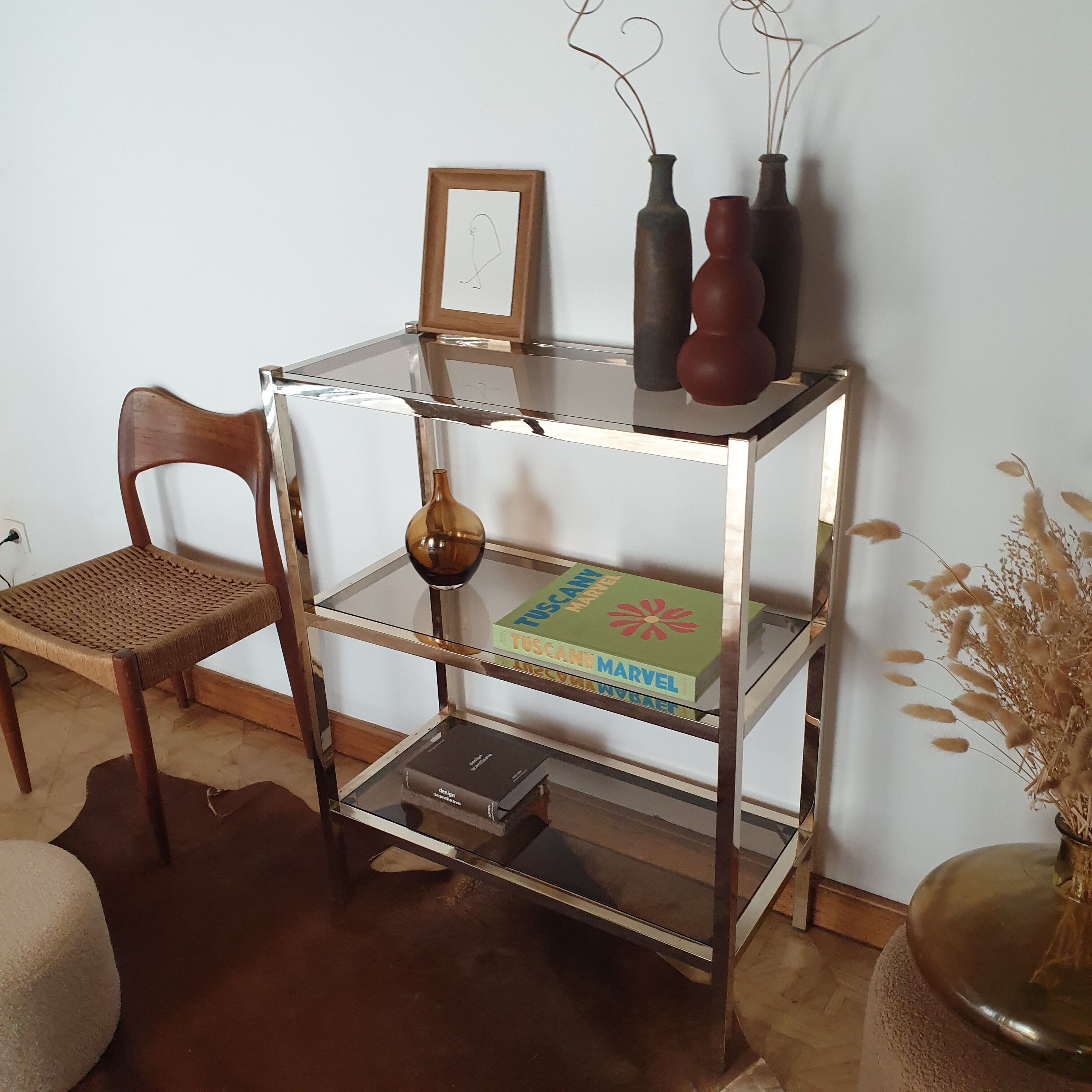 Bookcase furniture gilded and smoked glass vintage 70s Rochebobois