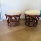 pretty pair of 2 bamboo and rattan stools with cushions - 80s - Vintage - set of 2