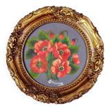 Still life in Tondo oil on panel of a bouquet of poppies signed