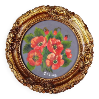 Nature morte en Tondo huile sur panneau d'un bouquet de coquelicot signée