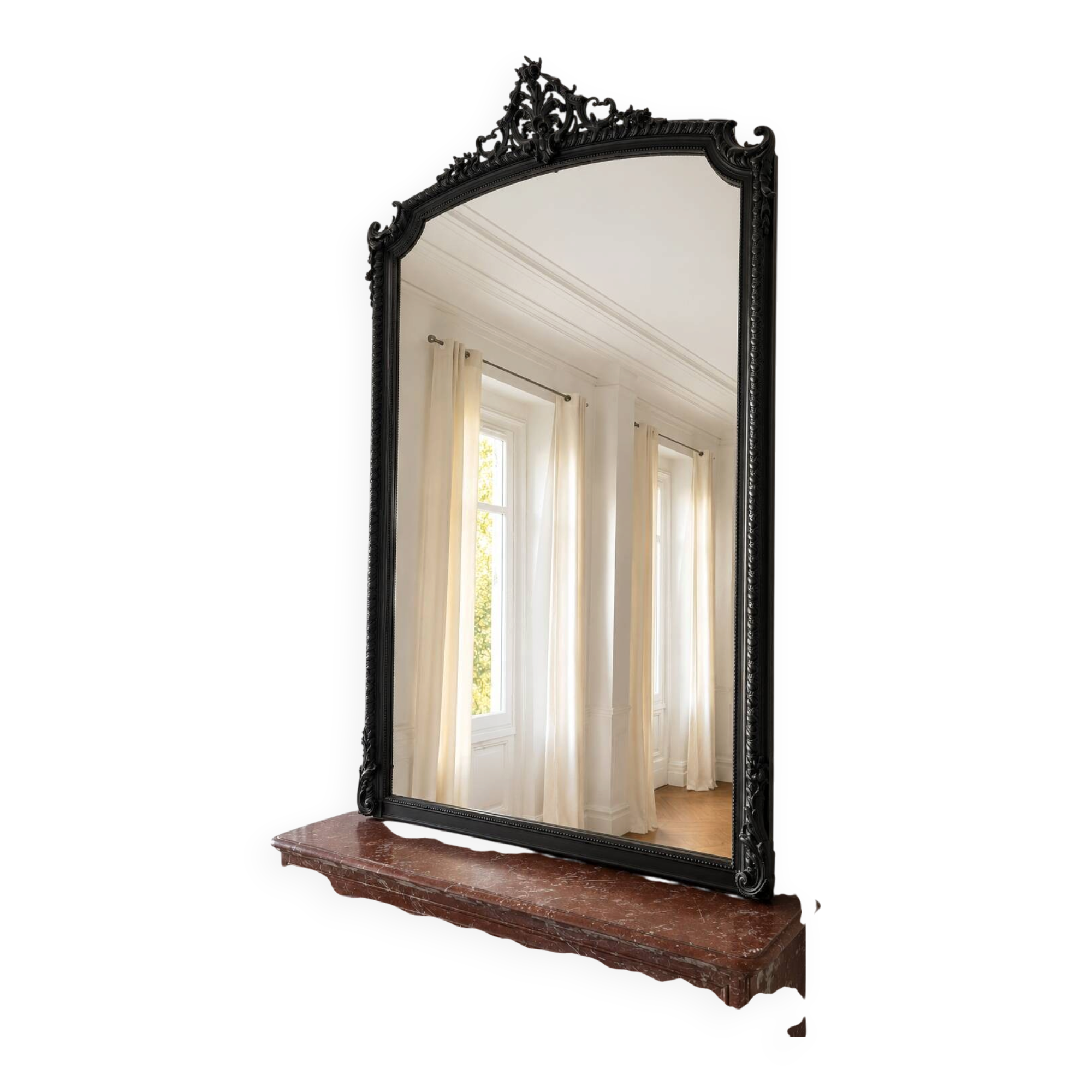 Large antique mirror from the Transition period, with a carved grey frame.