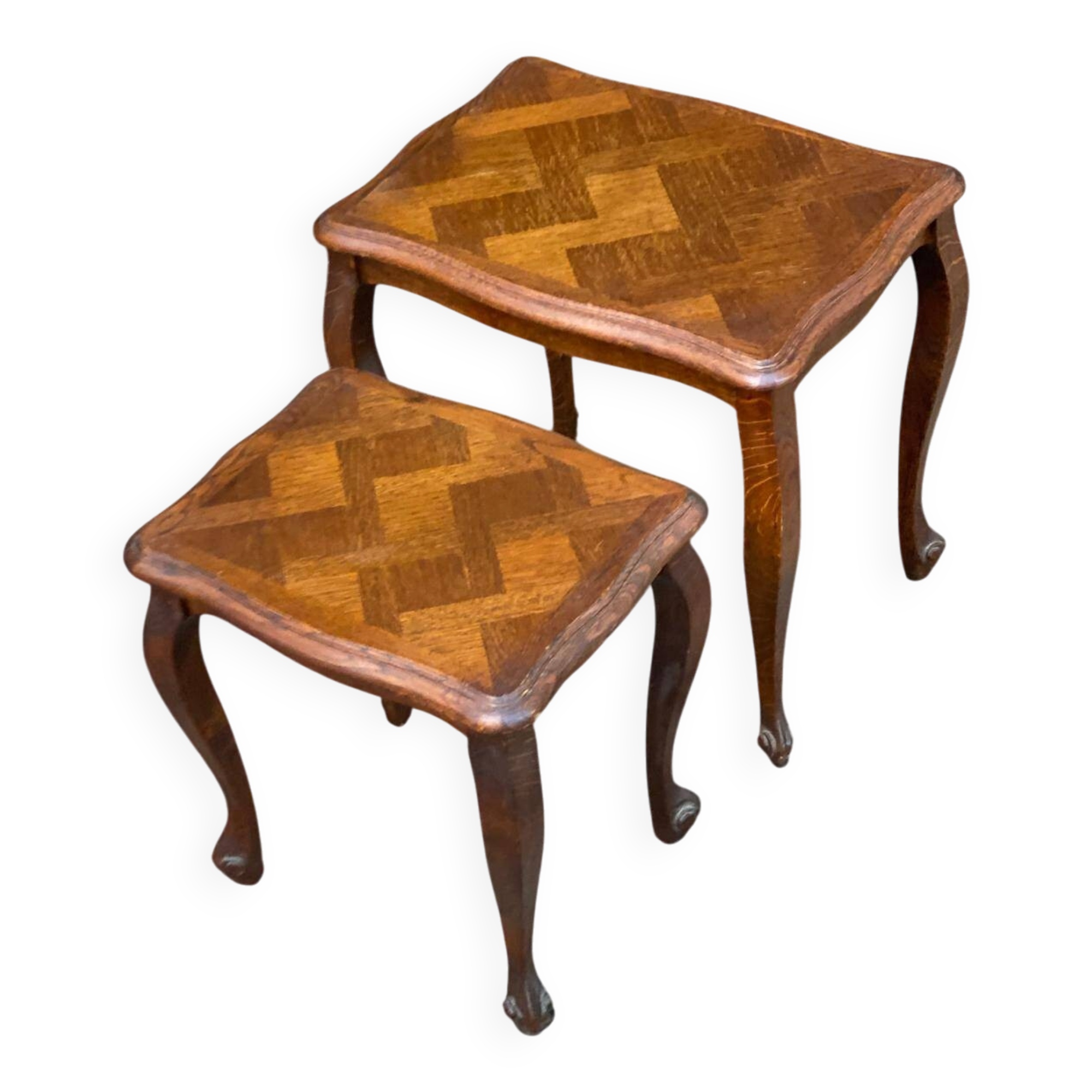 2 tables gigognes Louis XV en chêne massif et marqueterie 1960
