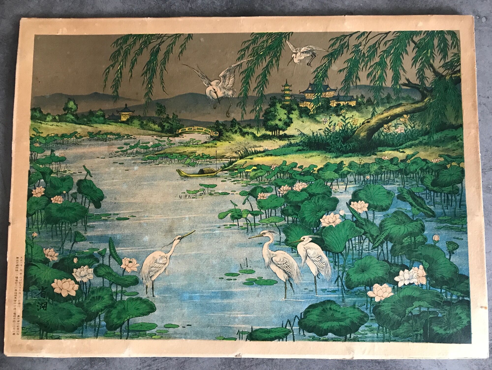 Ancient ESTAMPE of ASIA with Polychrome Decoration of Natural Landscape and Herons, XIXth
