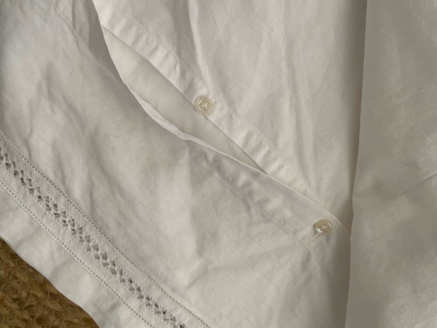 White cotton pillowcase with embroidery and monogram from the 1960s.