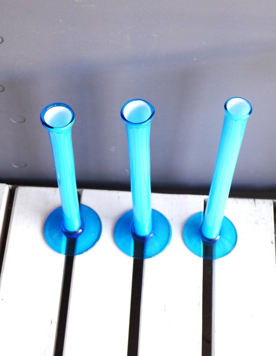 Vintage tall handblown orchid vases in azure blue by Artur Percy for Gullaskruf, 1970s, set of 3
