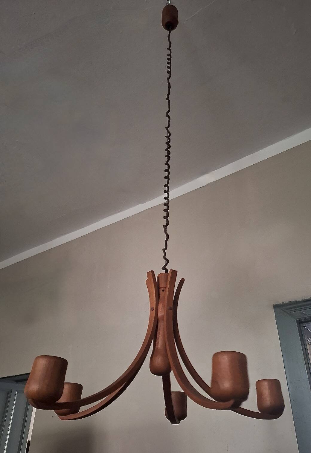 Teak variable height chandelier with 5 arms  by Domus, Denmark 1970s