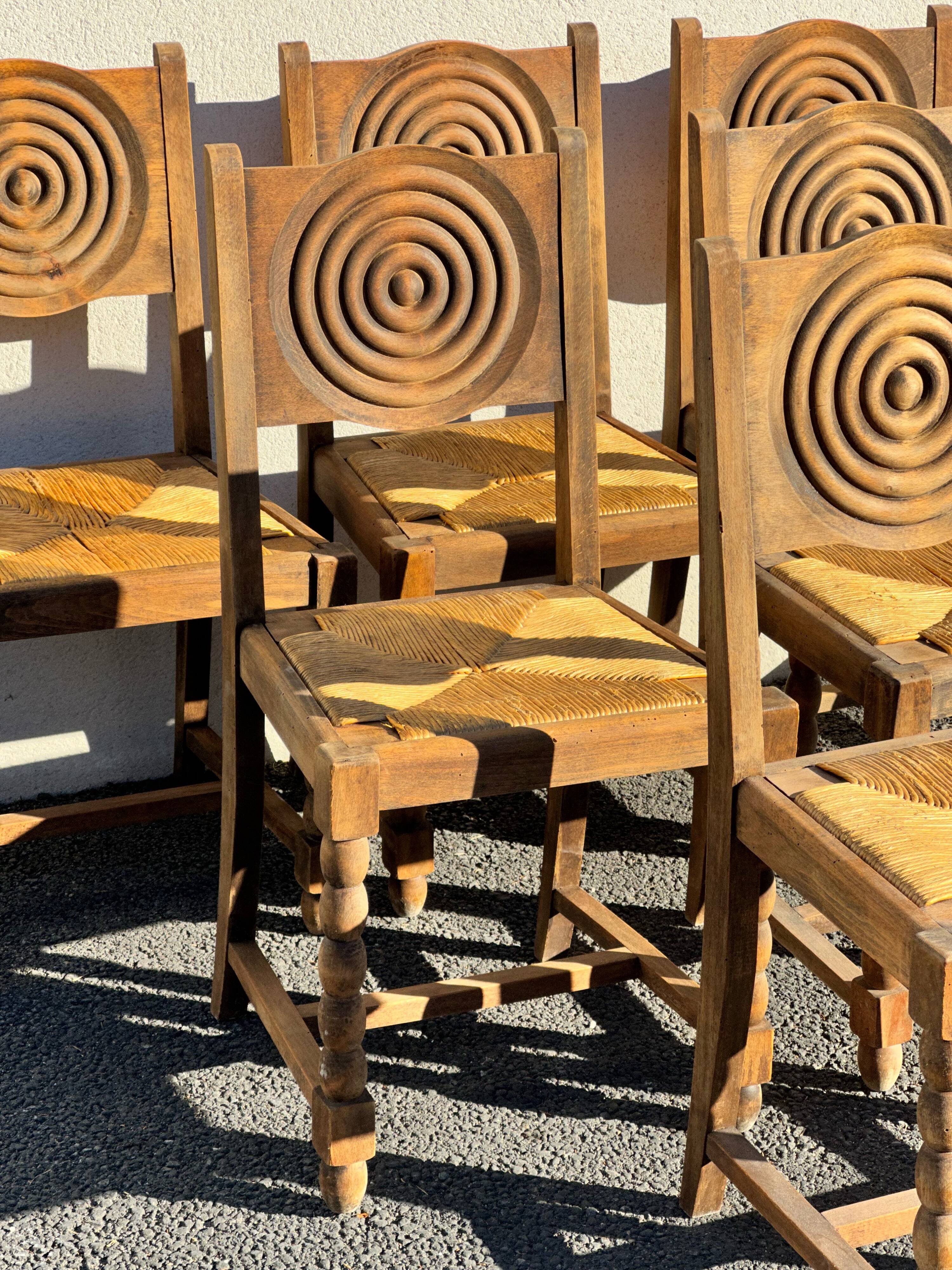 6 rustic style chairs, wood and straw, 1940