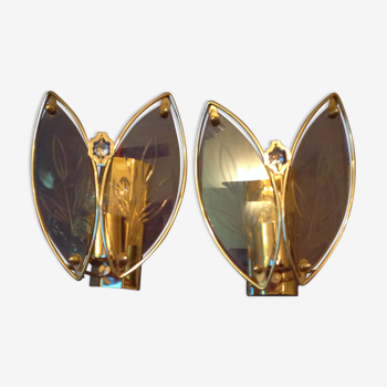 Paire d'appliques des années 80 en verre et métal doré