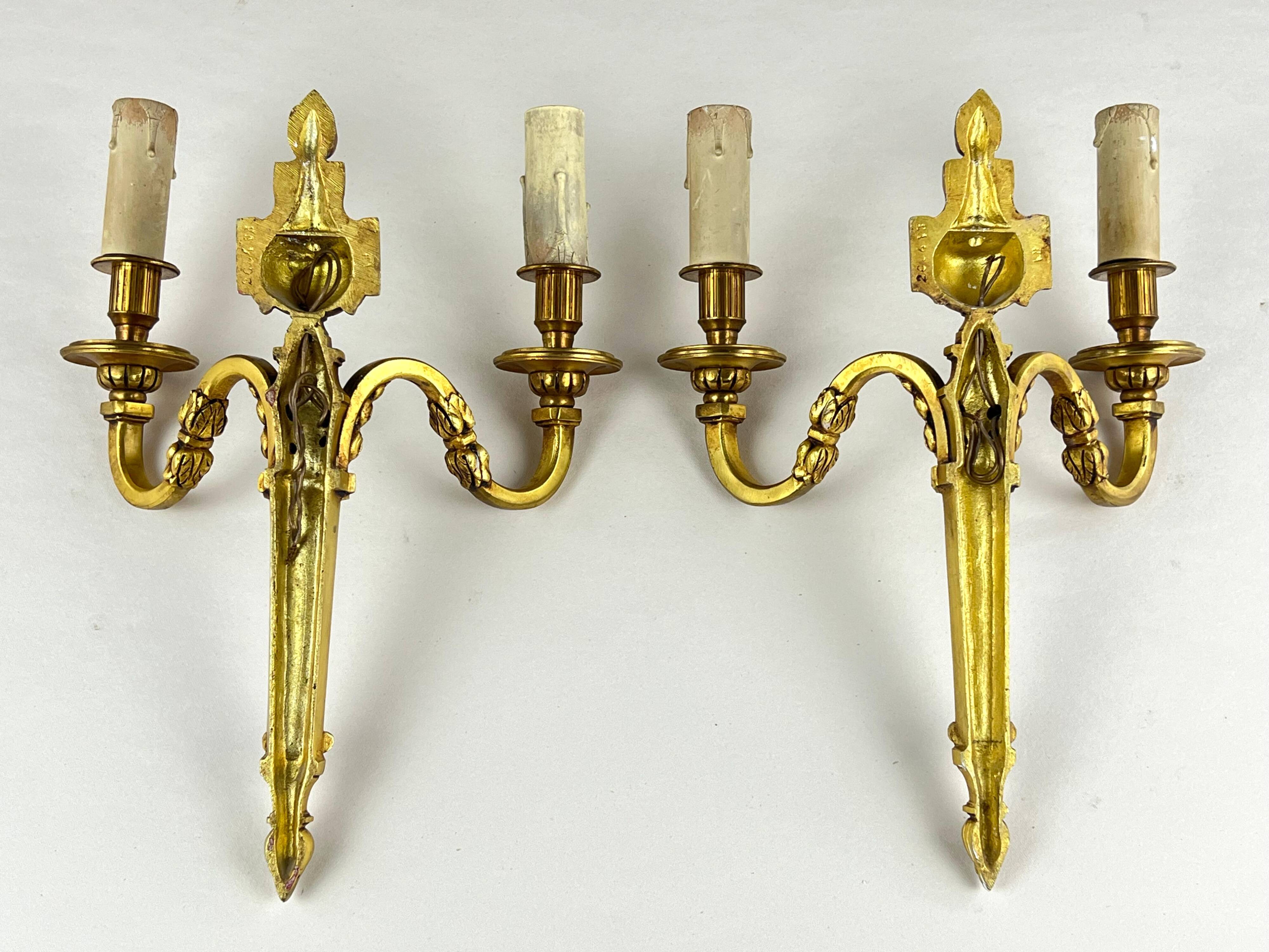 Pair of Wall Sconces - 2 Lights - Louis XVI Style - Gilt Bronze