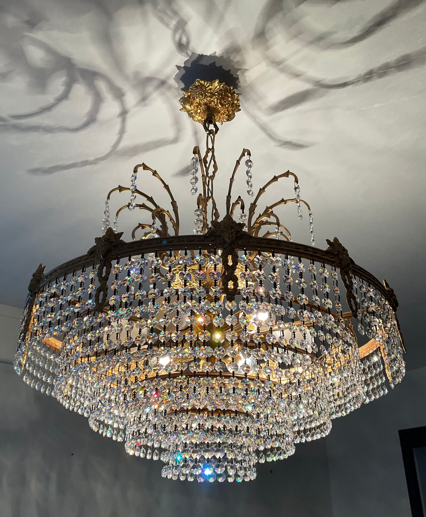 Old bronze waterfall chandelier with crystal tassels