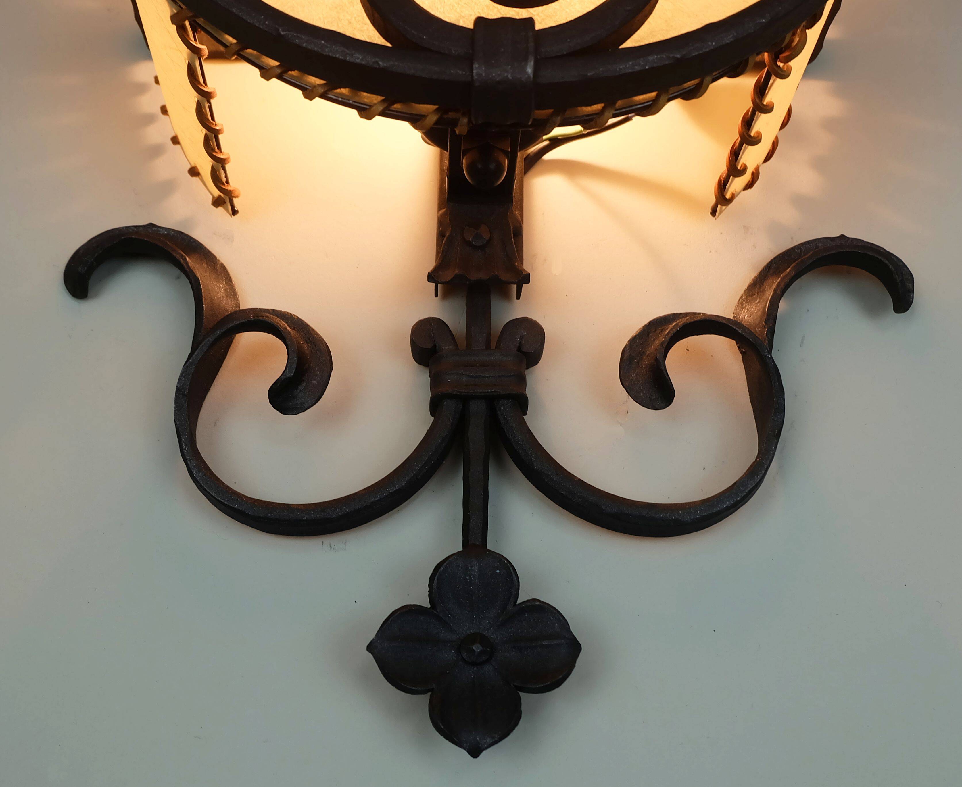 1970s WALL LAMP wrought iron and parchment koch & sons brutalist rustic