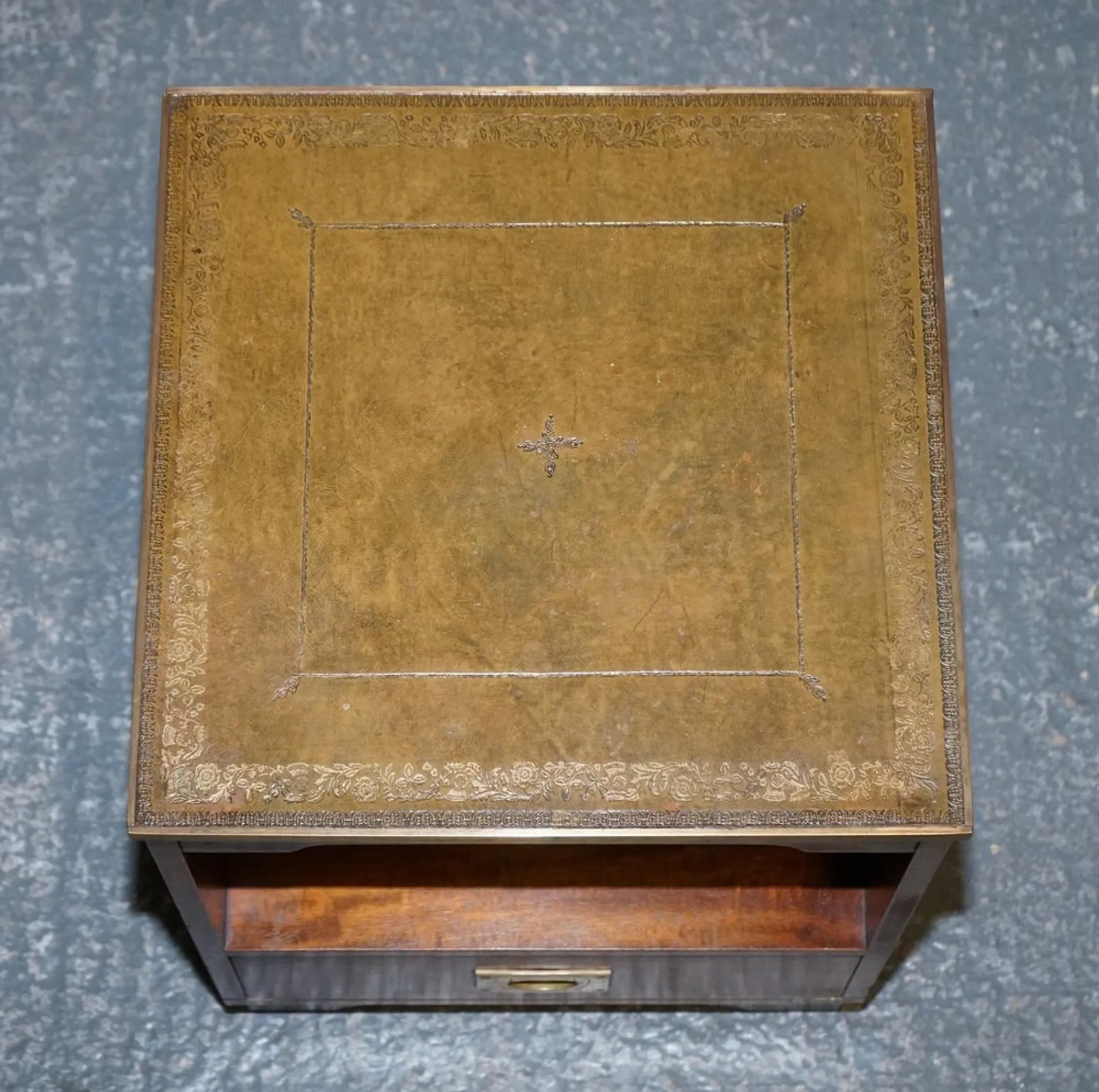 Vintage Bevan Funell Military Campaign Bedside Table with Leather Top