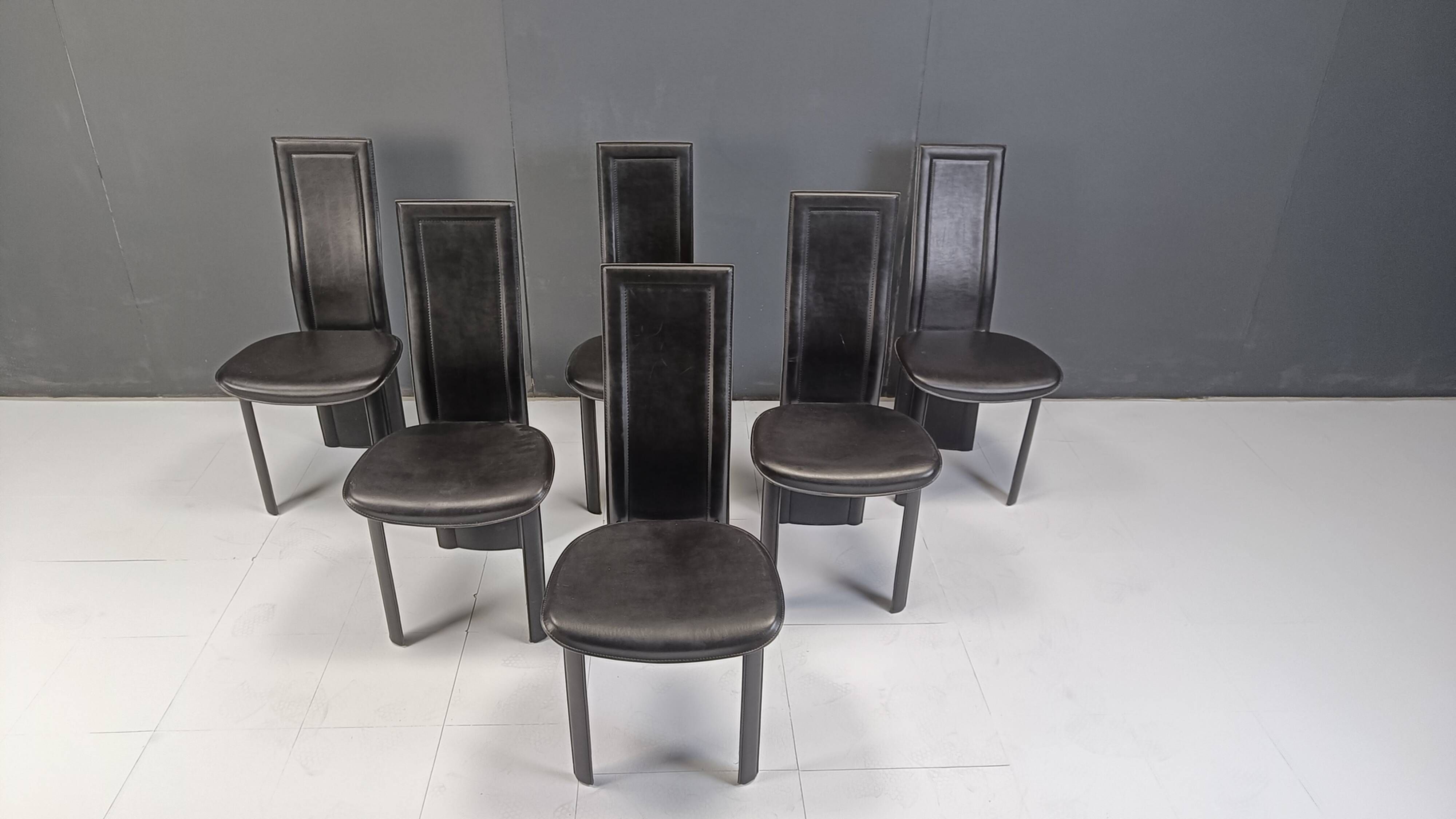 Vintage black leather high back dining chairs, set of 6, 1980s
